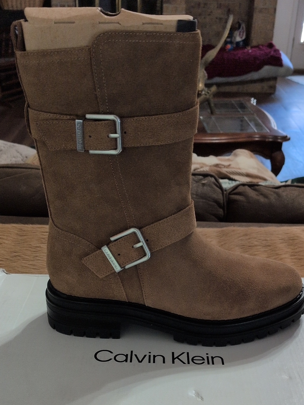 Calvin Klein Women’s Brown Suede Lace Up Buckle Mid-Calf Boot